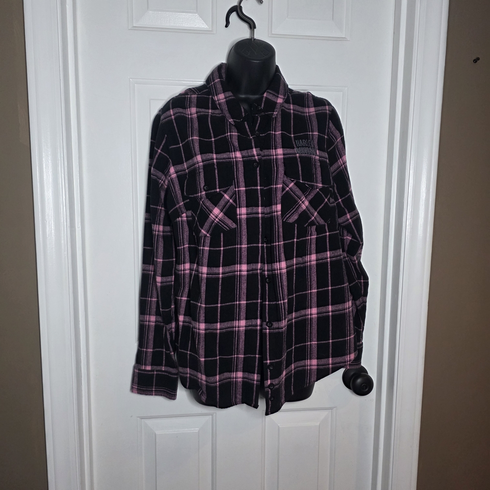 Harley-Davidson Black and Pink Plaid Button-Down Shirt